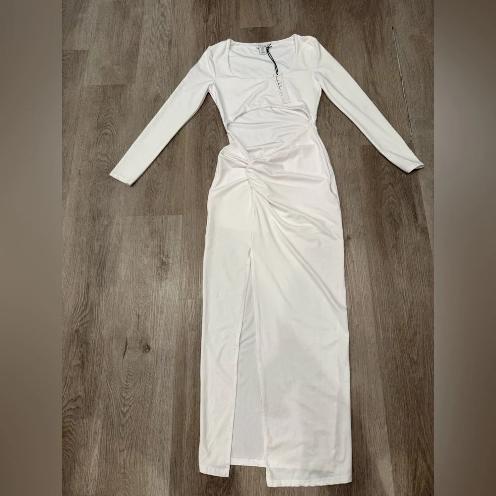 Nicole Miller White Cutout Maxi Dress Long Sleeve Ruched Bodycon M - Picture 2 of 6